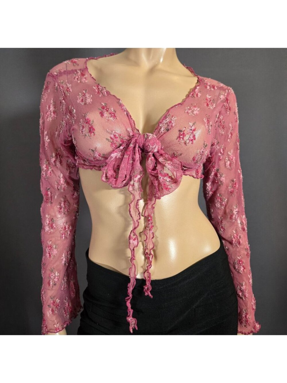 Vintage Pink Floral Mesh Tie Front Shrug Fairy Cardigan Bell Sleeves One Size